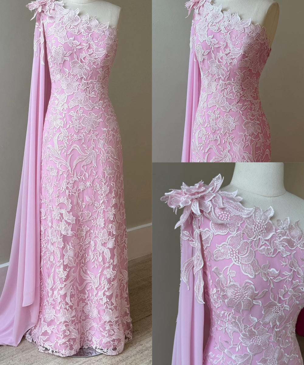 Pink One‑Shoulder 3D Floral Lace Mermaid Evening Gown With Chiffon Cape Train
