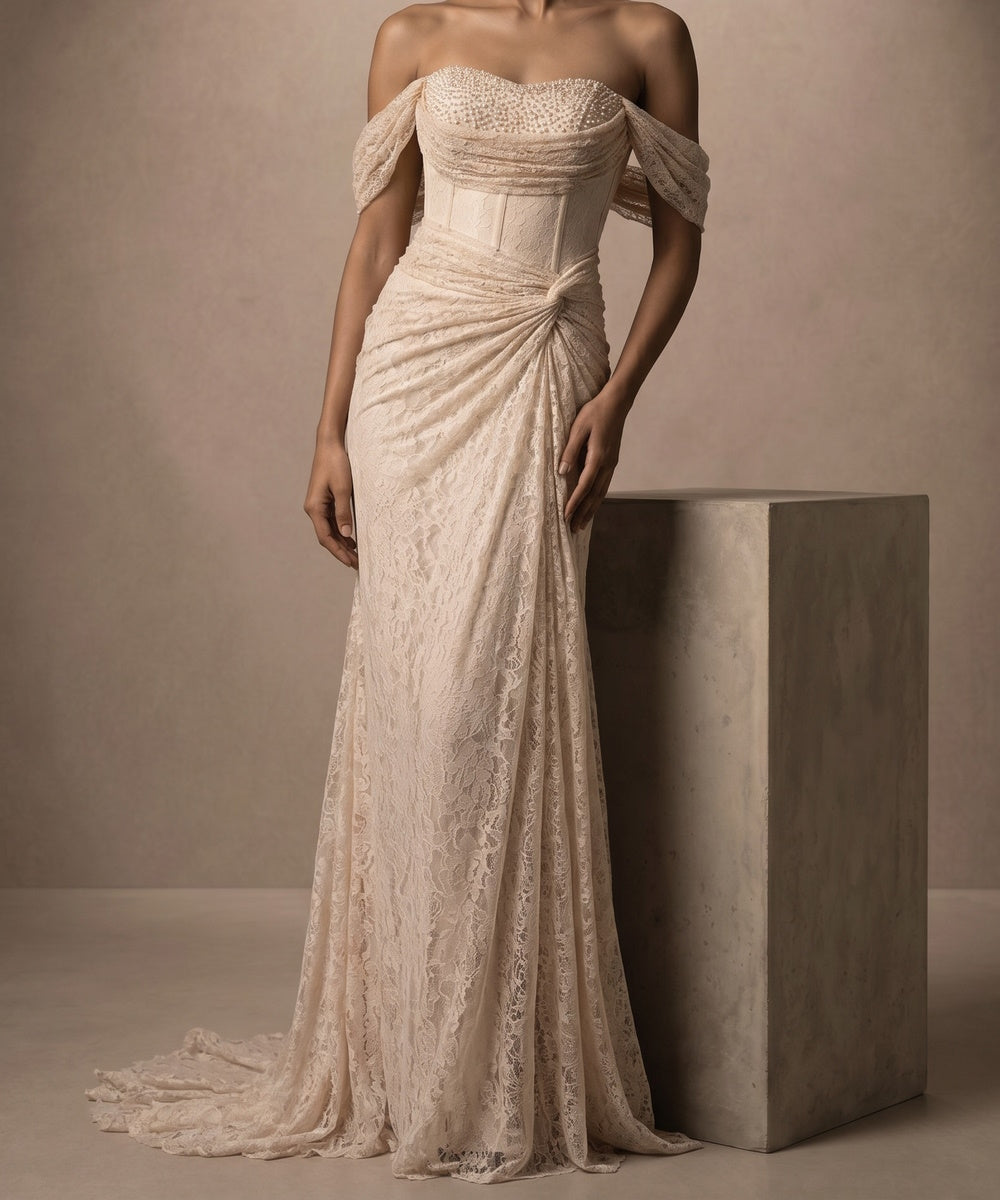 Off‑the‑Shoulder Pearl Beaded Lace Corset Mermaid Wedding Dress