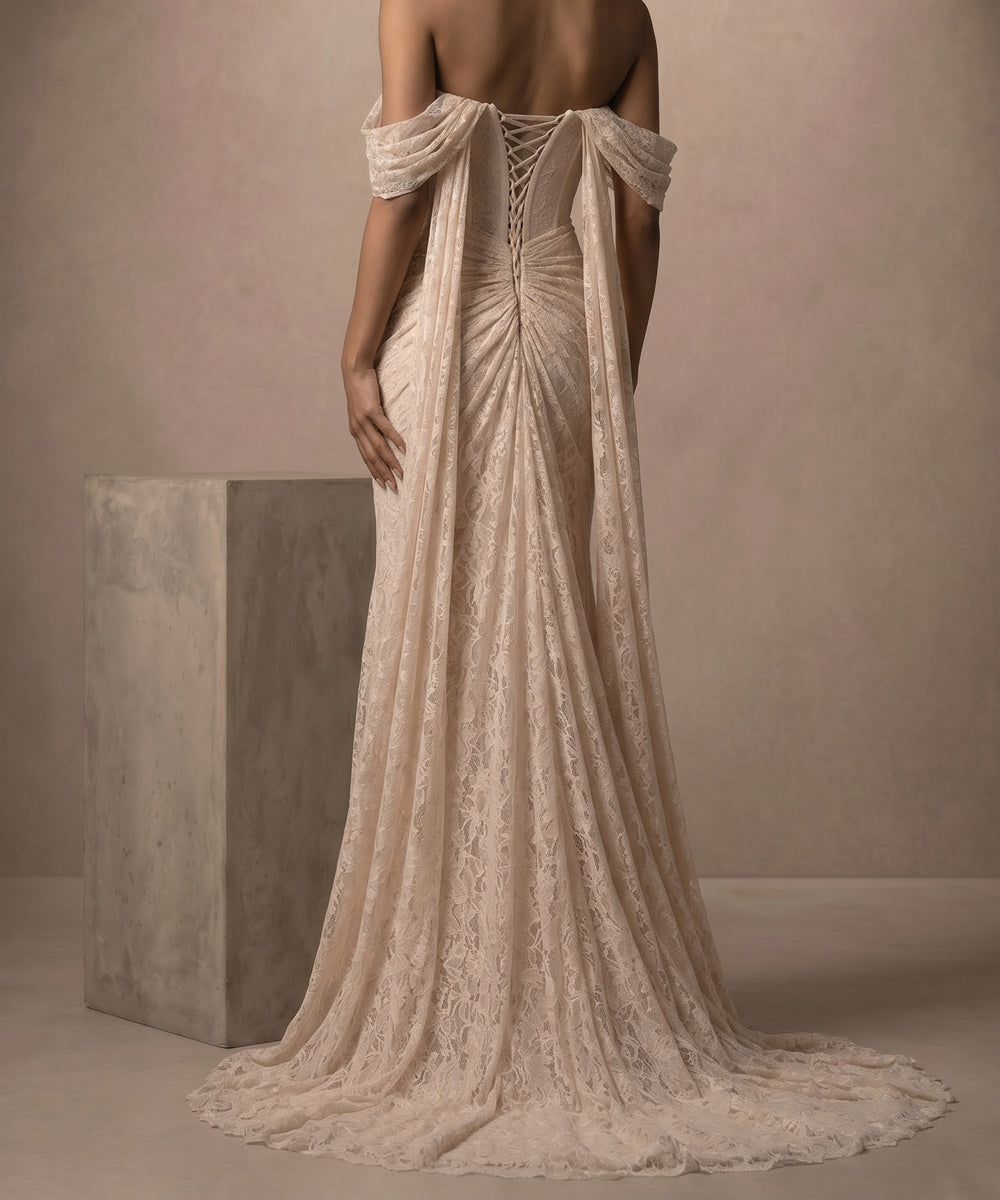 Off‑the‑Shoulder Pearl Beaded Lace Corset Mermaid Wedding Dress