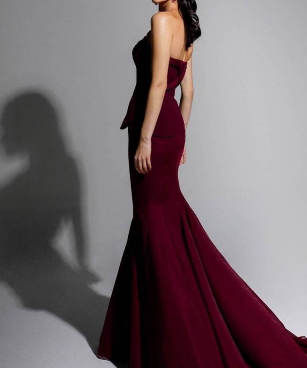 Strapless Burgundy Mermaid Formal Evening Gown With Peplum Detail