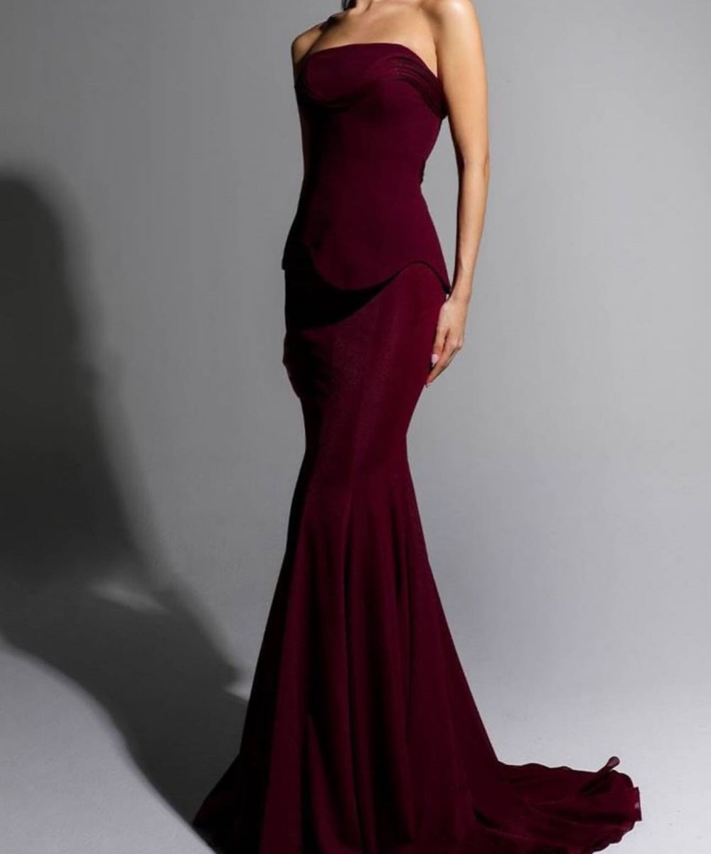 Strapless Burgundy Mermaid Formal Evening Gown With Peplum Detail
