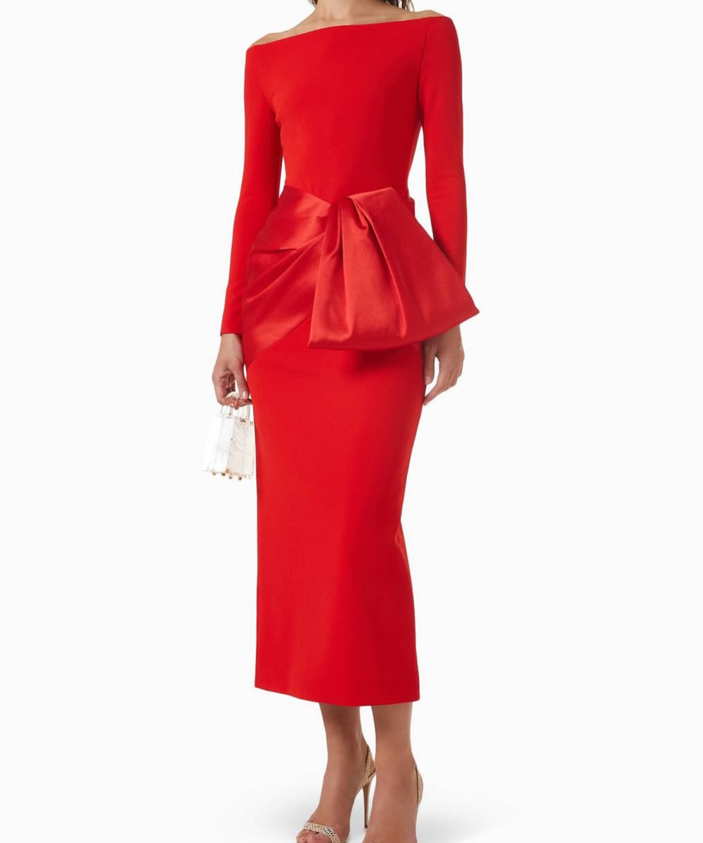 Red Off‑the‑Shoulder Long Sleeve Midi Dress With Satin Bow Detail