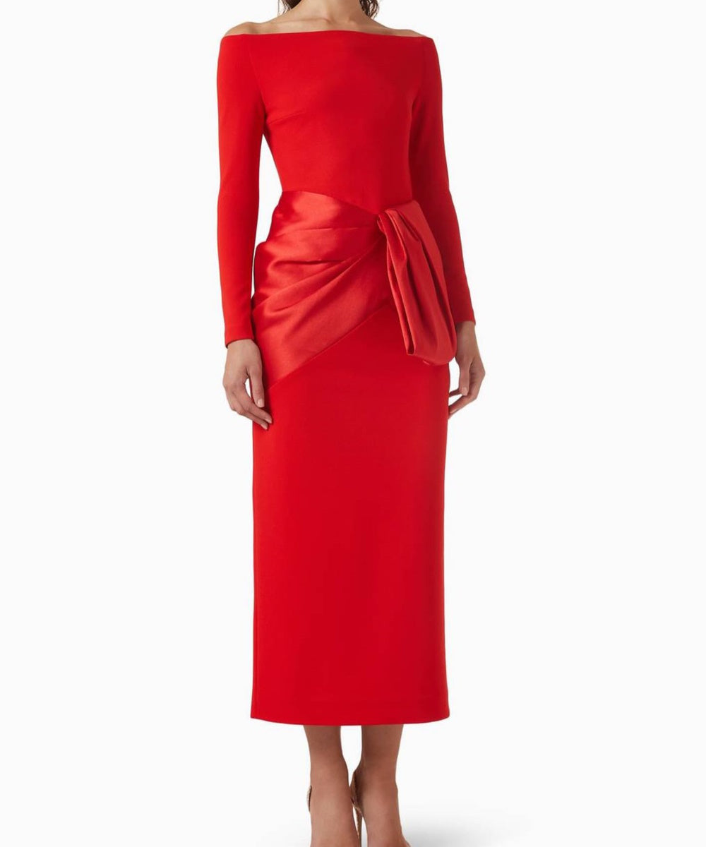 Red Off‑the‑Shoulder Long Sleeve Midi Dress With Satin Bow Detail