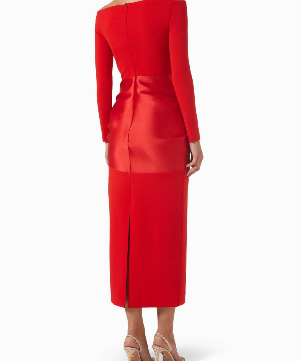Red Off‑the‑Shoulder Long Sleeve Midi Dress With Satin Bow Detail