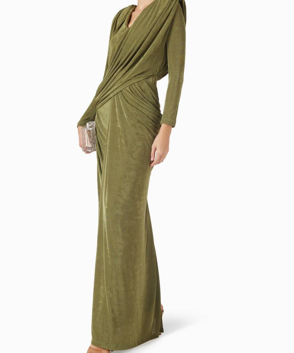 Olive Green Draped Long Sleeve Wrap Maxi Evening Gown