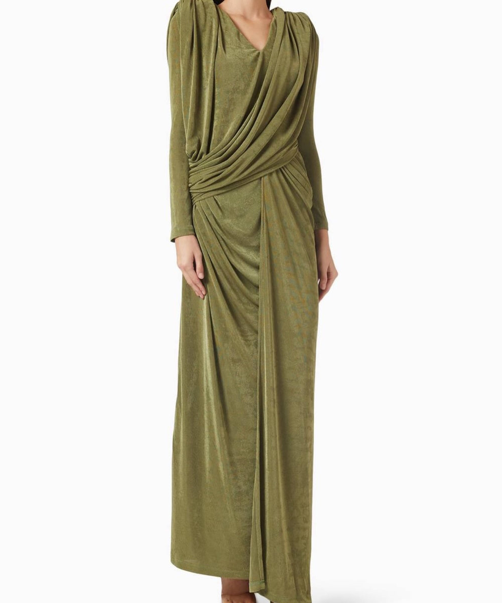 Olive Green Draped Long Sleeve Wrap Maxi Evening Gown