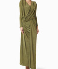 Olive Green Draped Long Sleeve Wrap Maxi Evening Gown