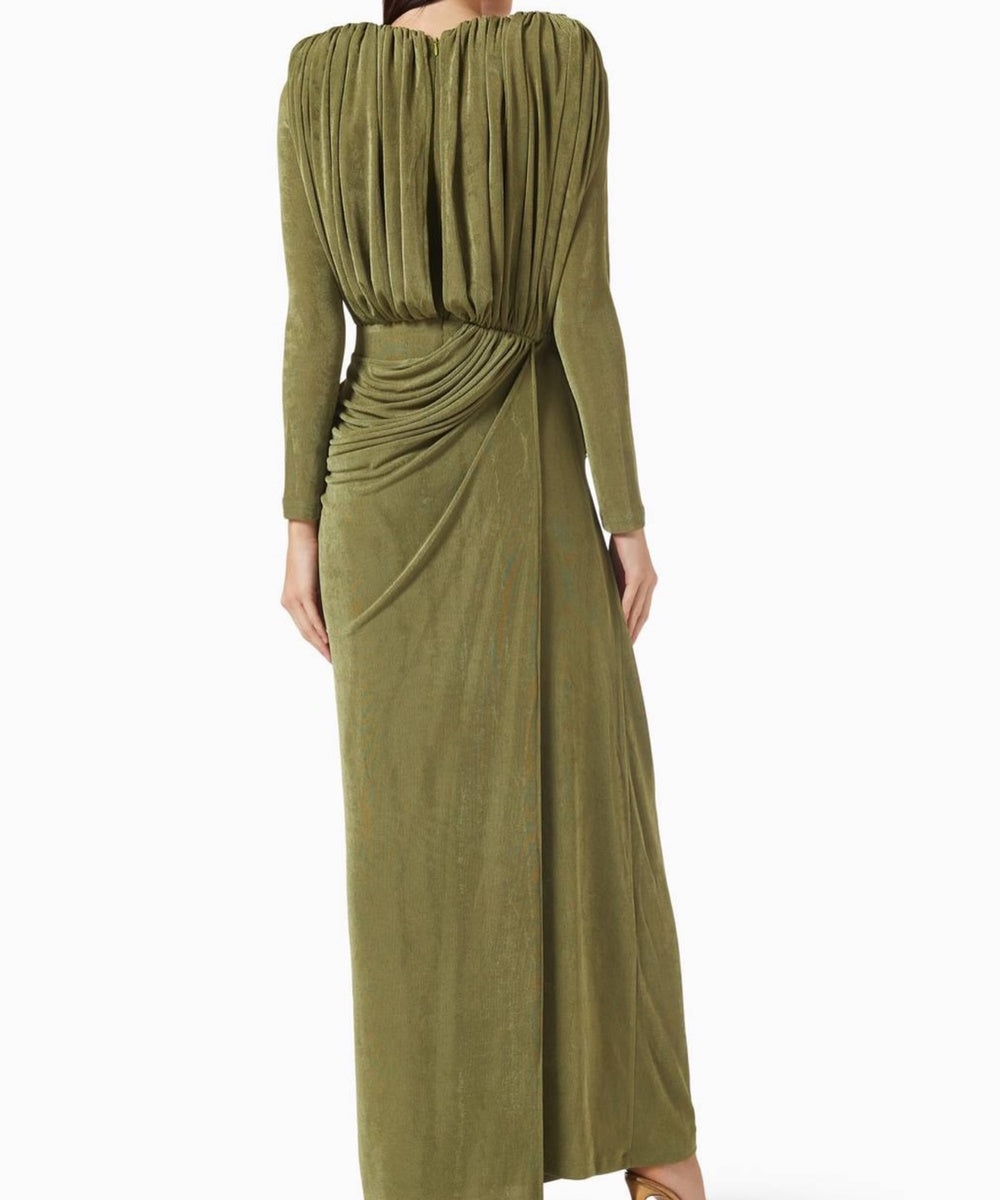 Olive Green Draped Long Sleeve Wrap Maxi Evening Gown