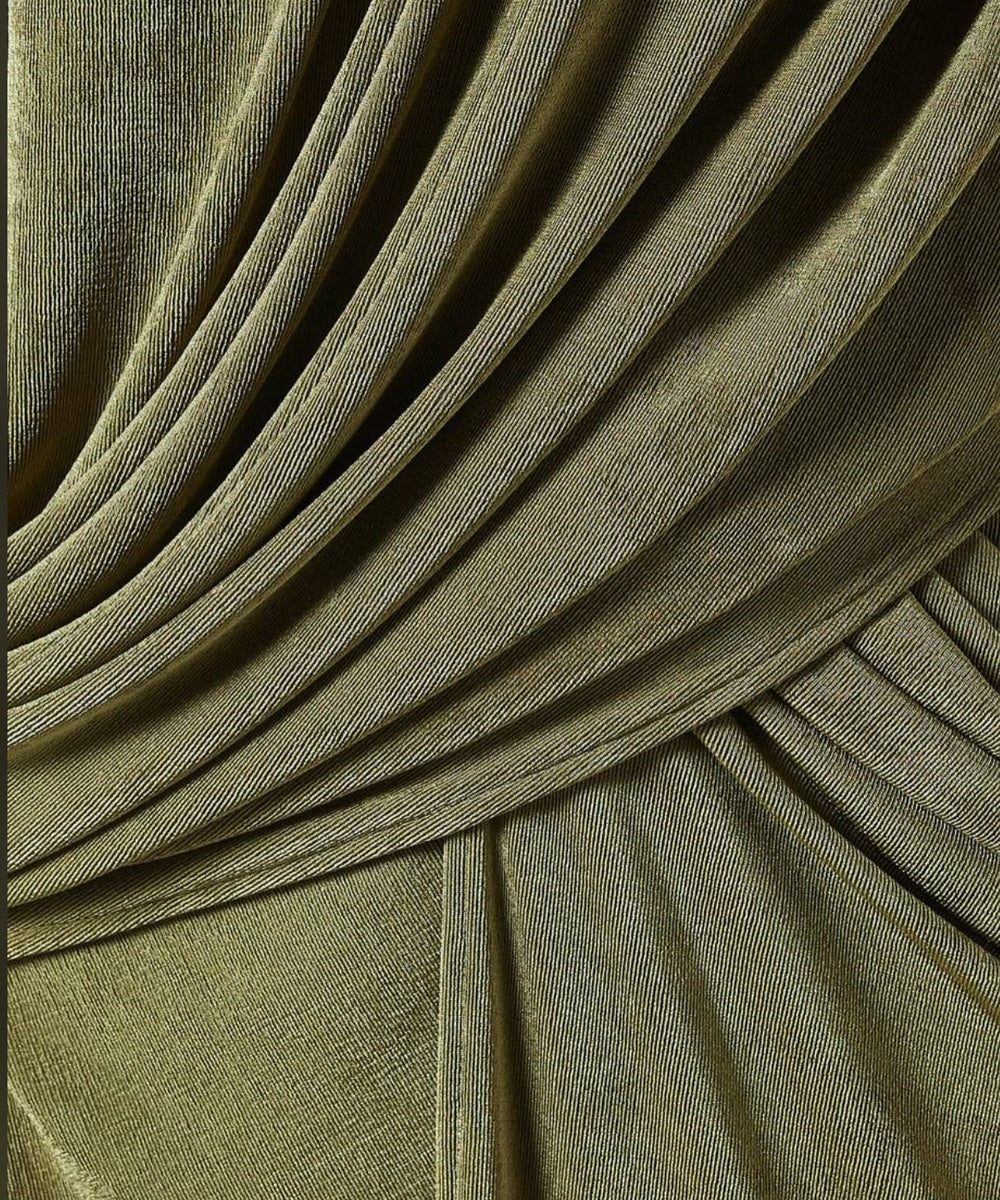 Olive Green Draped Long Sleeve Wrap Maxi Evening Gown