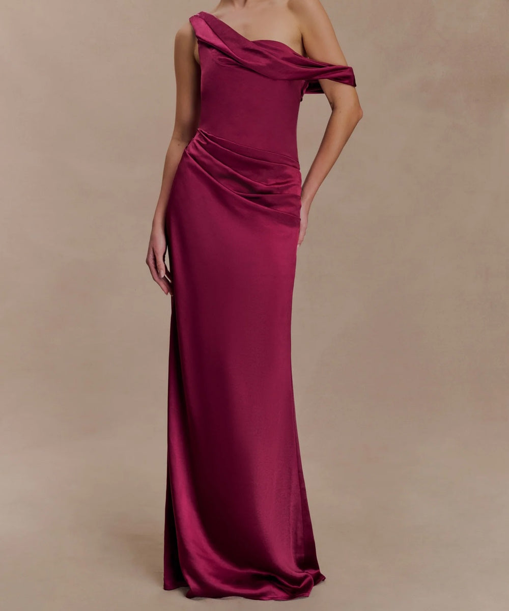 Burgundy Satin One‑Shoulder Off‑The‑Shoulder Draped Maxi Evening Gown