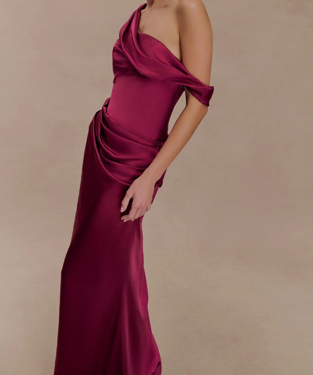 Burgundy Satin One‑Shoulder Off‑The‑Shoulder Draped Maxi Evening Gown