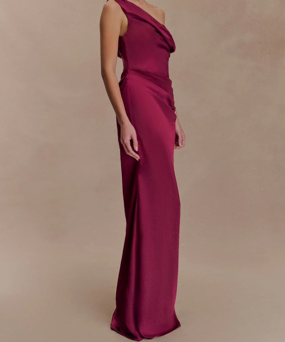 Burgundy Satin One‑Shoulder Off‑The‑Shoulder Draped Maxi Evening Gown