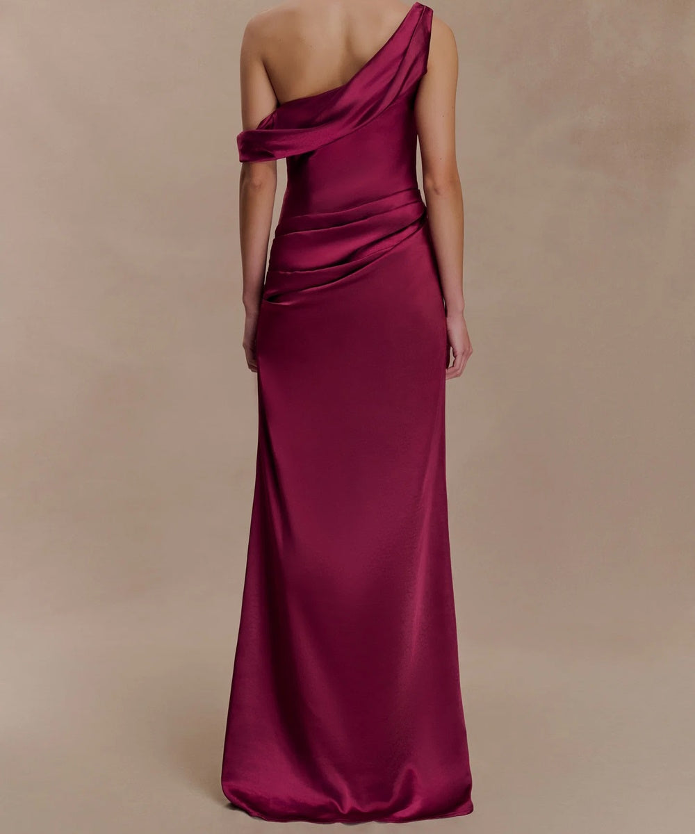 Burgundy Satin One‑Shoulder Off‑The‑Shoulder Draped Maxi Evening Gown