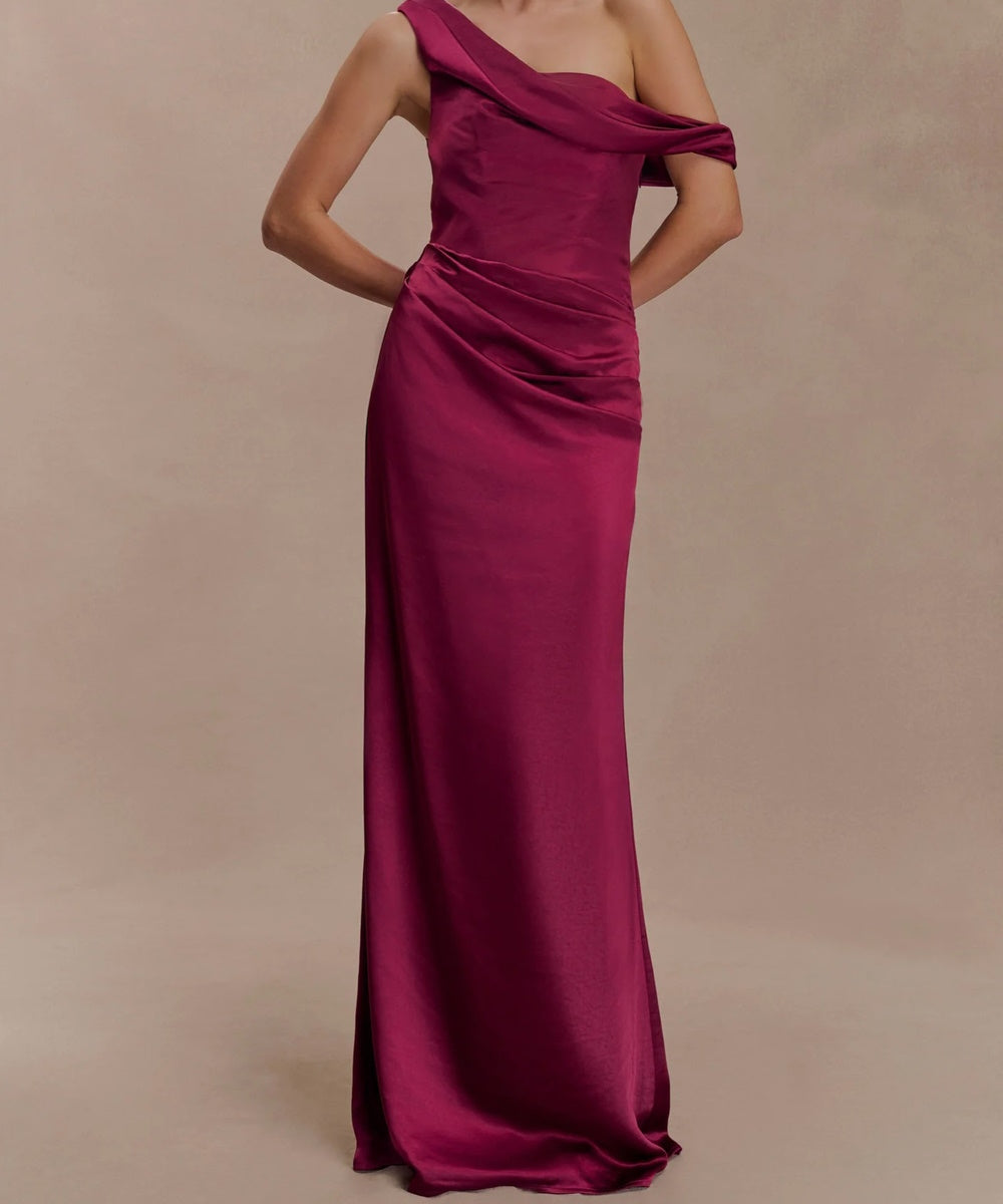 Burgundy Satin One‑Shoulder Off‑The‑Shoulder Draped Maxi Evening Gown