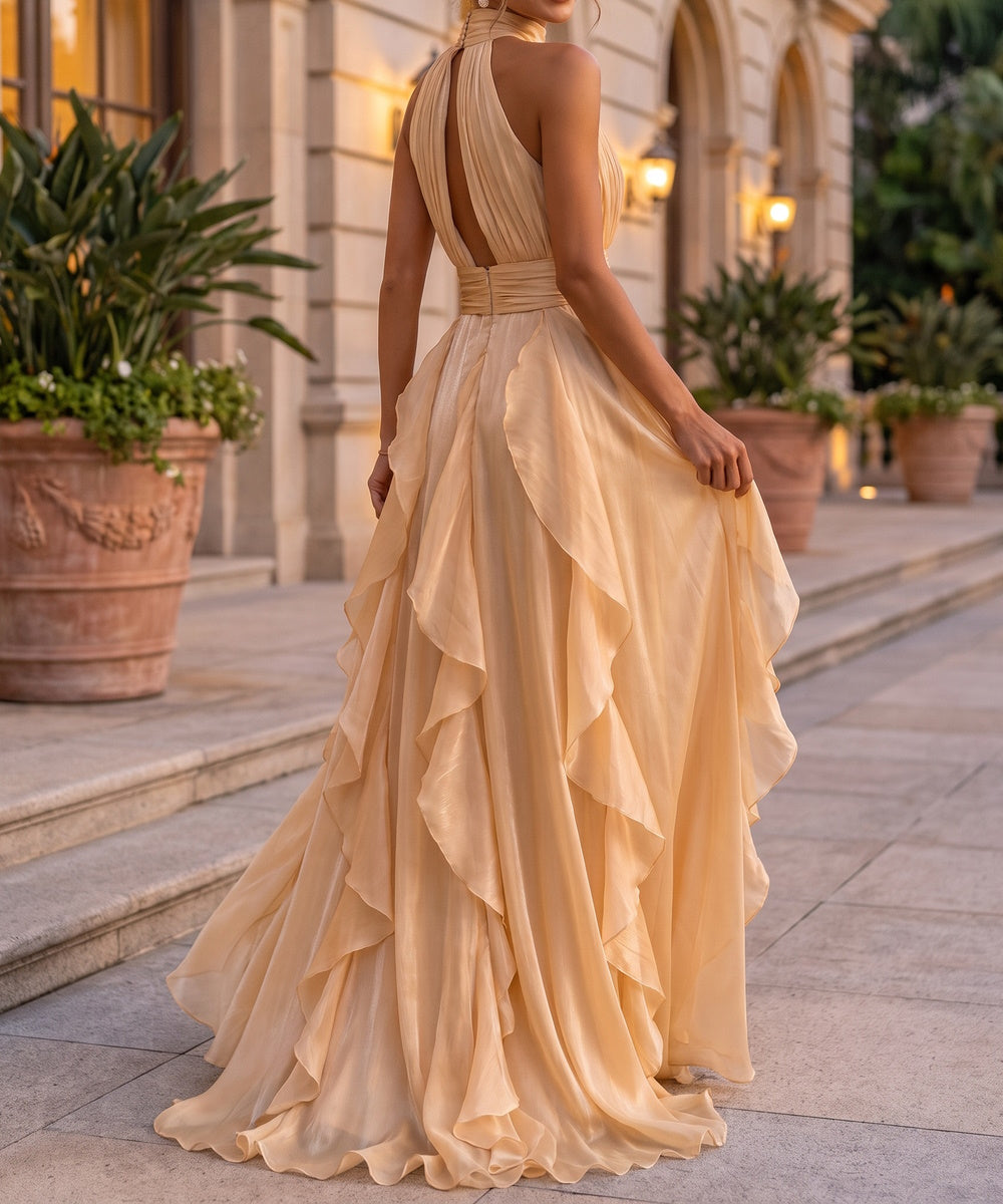 Champagne Halter Neck Open Back Ruffled Chiffon Maxi Evening Gown