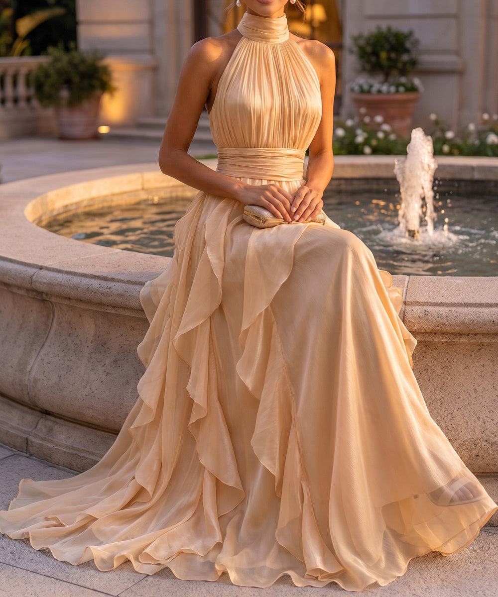 Champagne Halter Neck Open Back Ruffled Chiffon Maxi Evening Gown