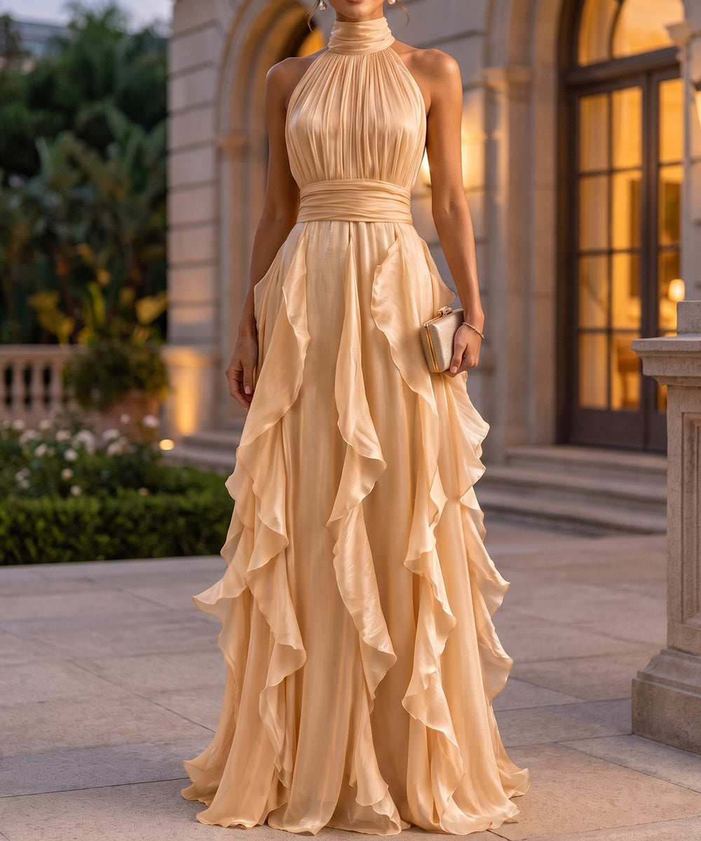 Champagne Halter Neck Open Back Ruffled Chiffon Maxi Evening Gown