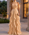 Champagne Halter Neck Open Back Ruffled Chiffon Maxi Evening Gown