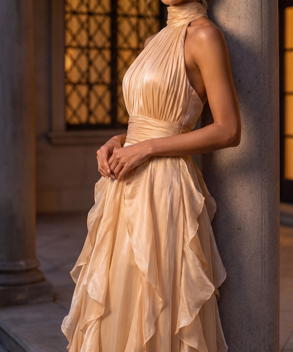 Champagne Halter Neck Open Back Ruffled Chiffon Maxi Evening Gown