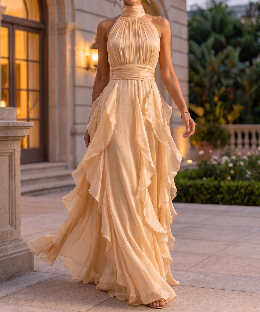 Champagne Halter Neck Open Back Ruffled Chiffon Maxi Evening Gown