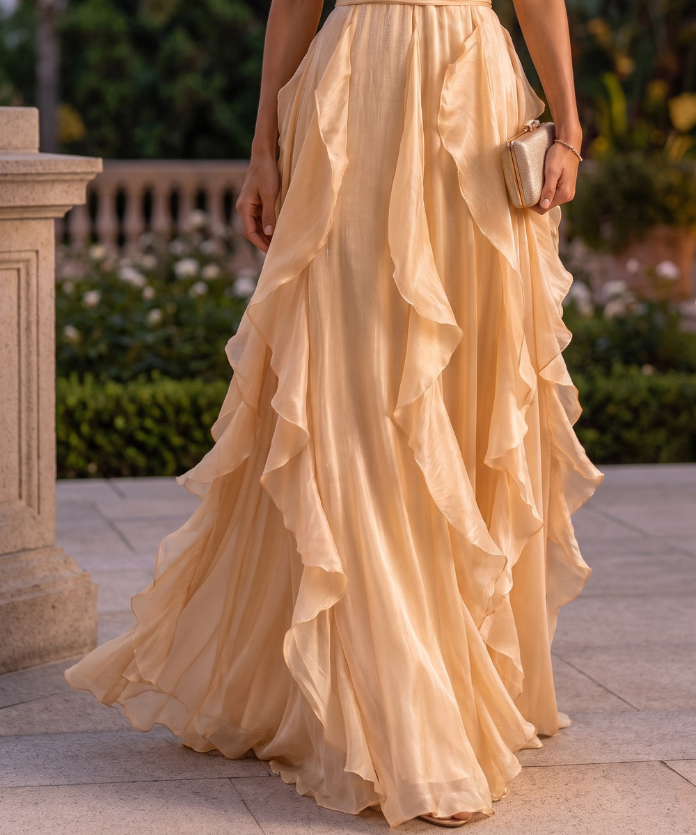 Champagne Halter Neck Open Back Ruffled Chiffon Maxi Evening Gown