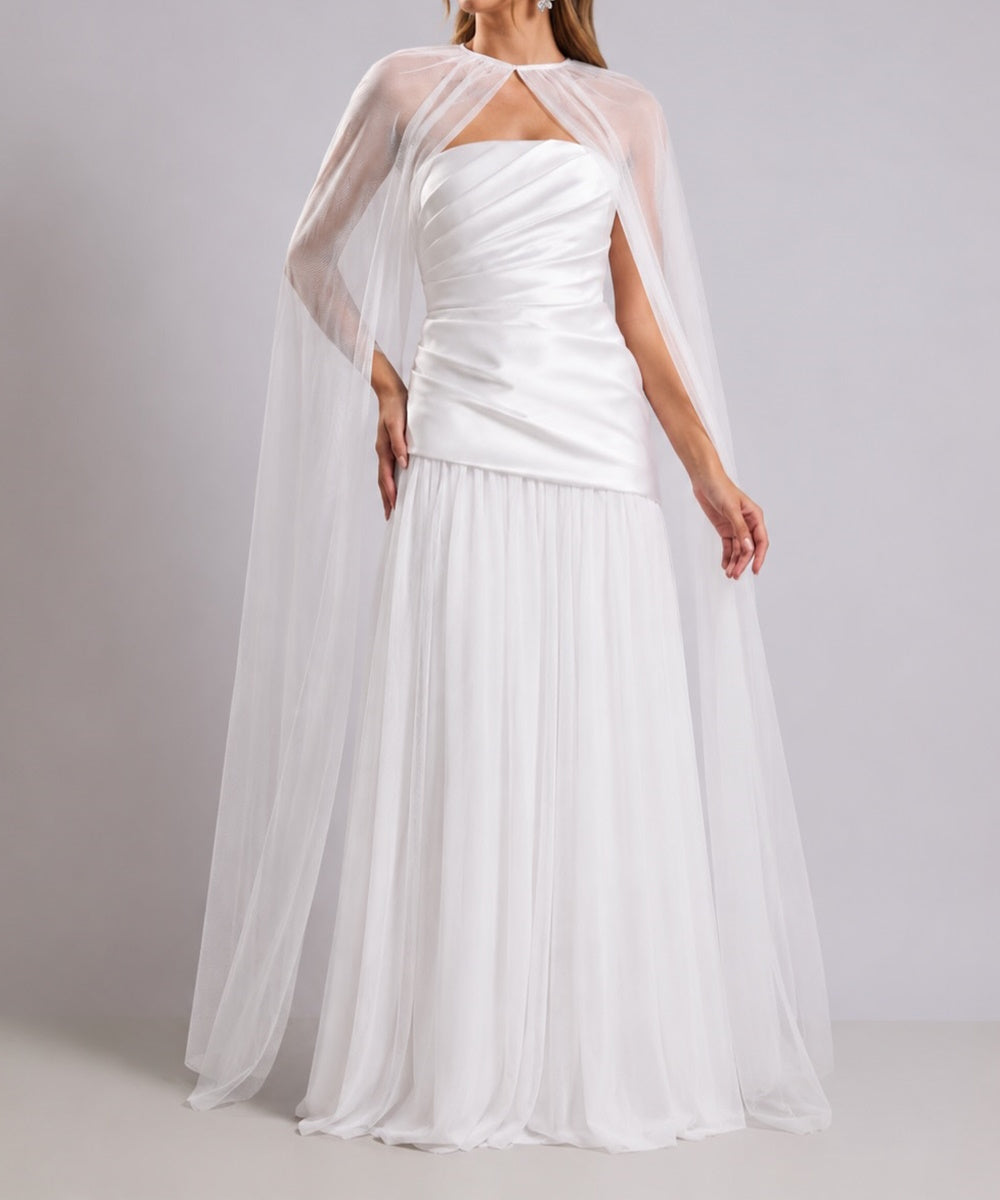 Strapless Satin Tulle Maxi Evening Gown With Detachable Tulle Cape