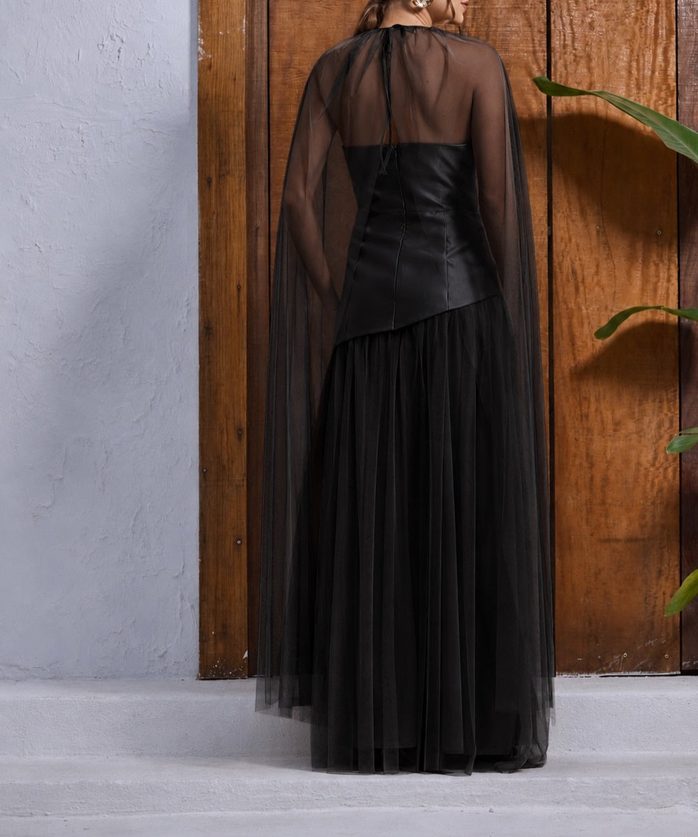 Strapless Satin Tulle Maxi Evening Gown With Detachable Tulle Cape