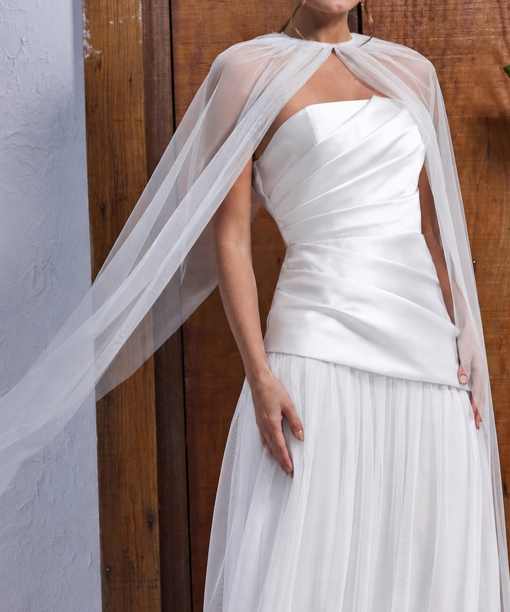 Strapless Satin Tulle Maxi Evening Gown With Detachable Tulle Cape