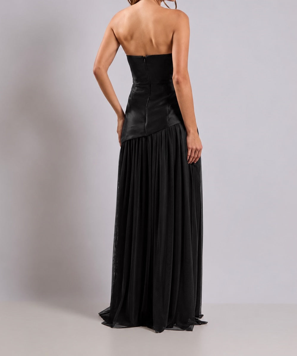 Strapless Satin Tulle Maxi Evening Gown With Detachable Tulle Cape