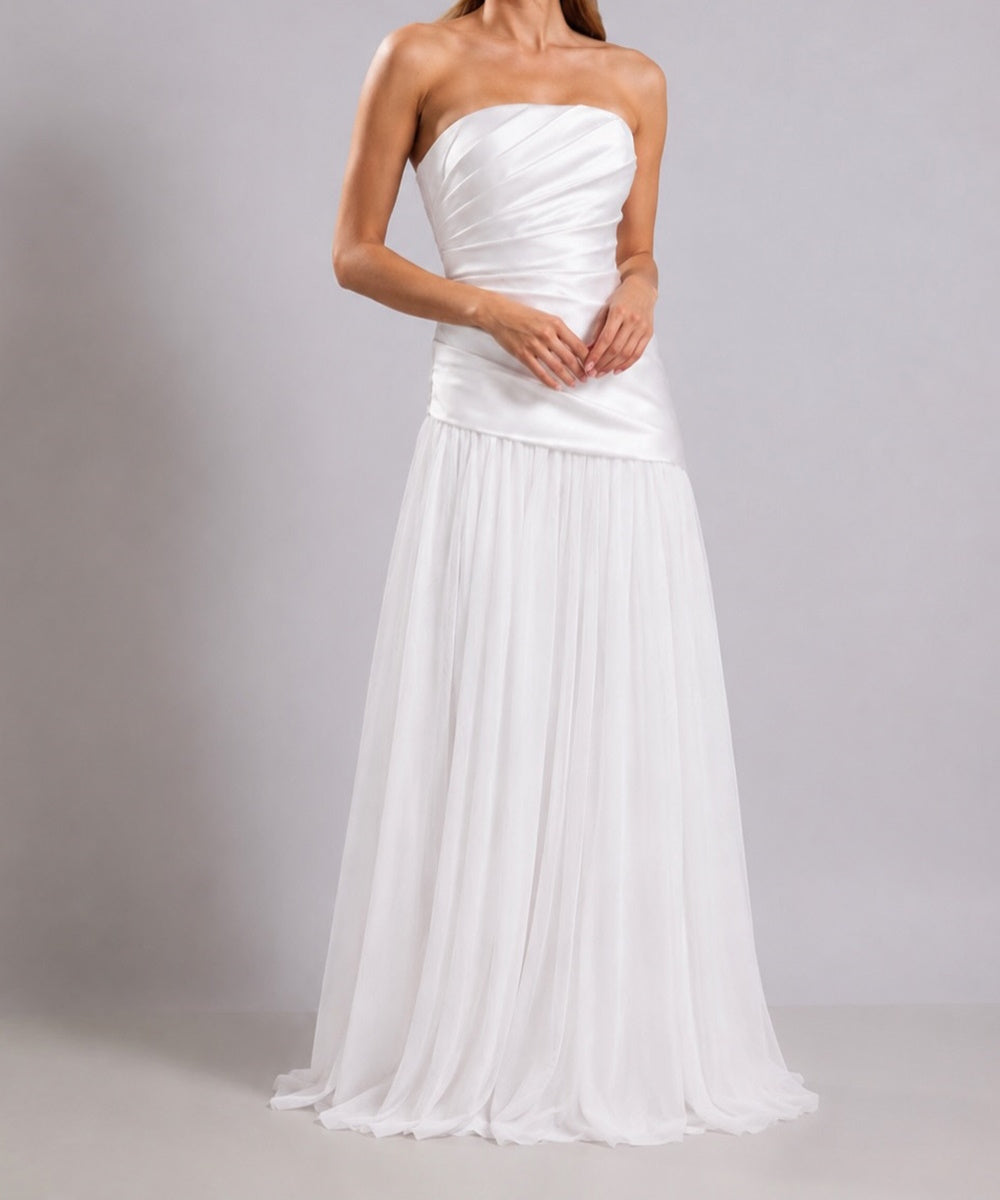Strapless Satin Tulle Maxi Evening Gown With Detachable Tulle Cape