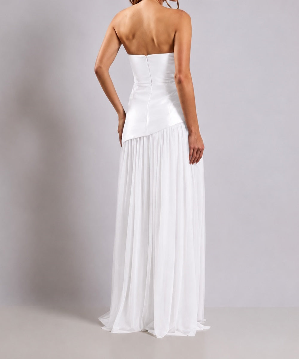 Strapless Satin Tulle Maxi Evening Gown With Detachable Tulle Cape