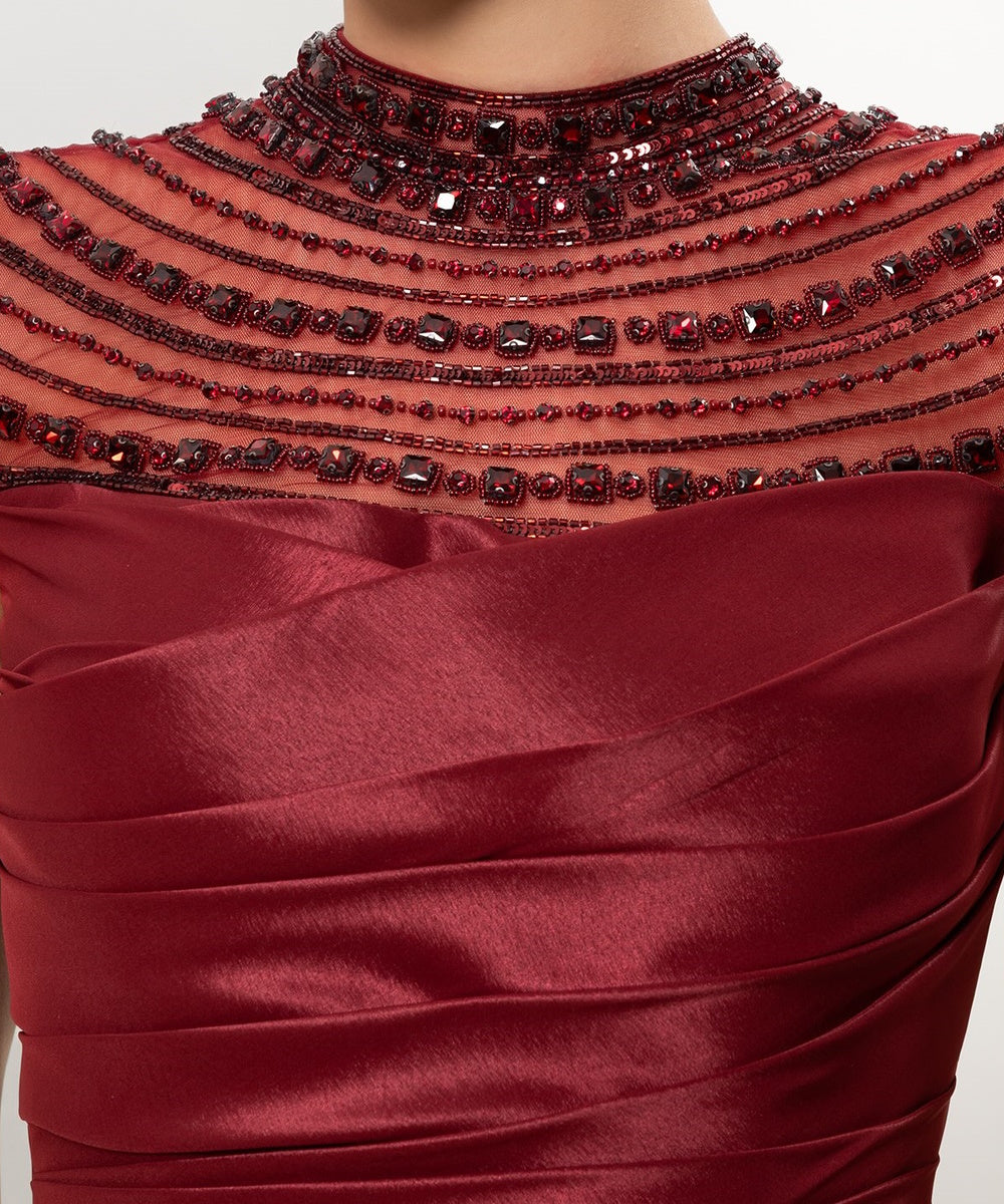 Beaded High Neck Illusion Satin Draped High‑Slit Evening Gown