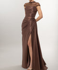 Beaded High Neck Illusion Satin Draped High‑Slit Evening Gown