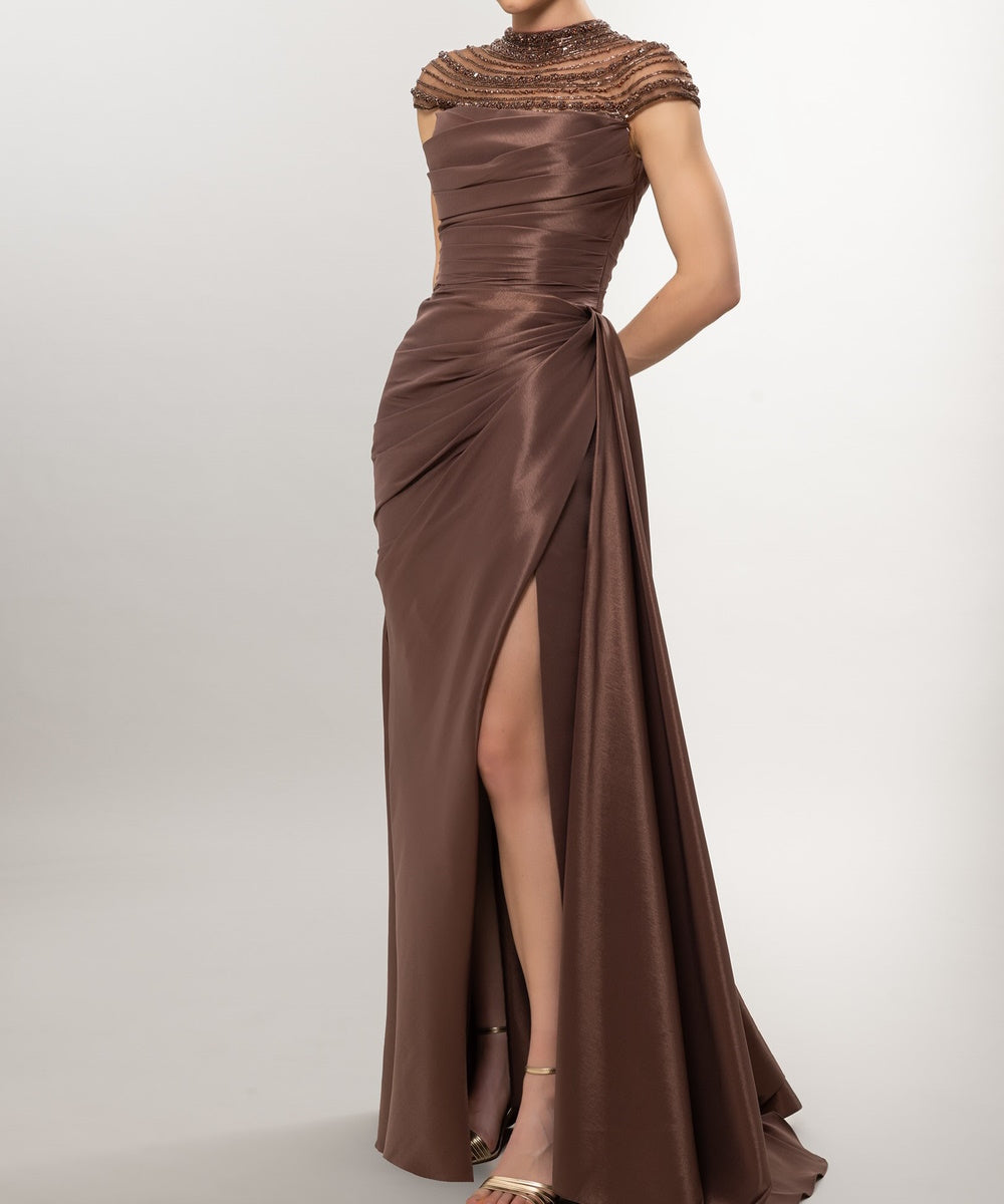 Beaded High Neck Illusion Satin Draped High‑Slit Evening Gown