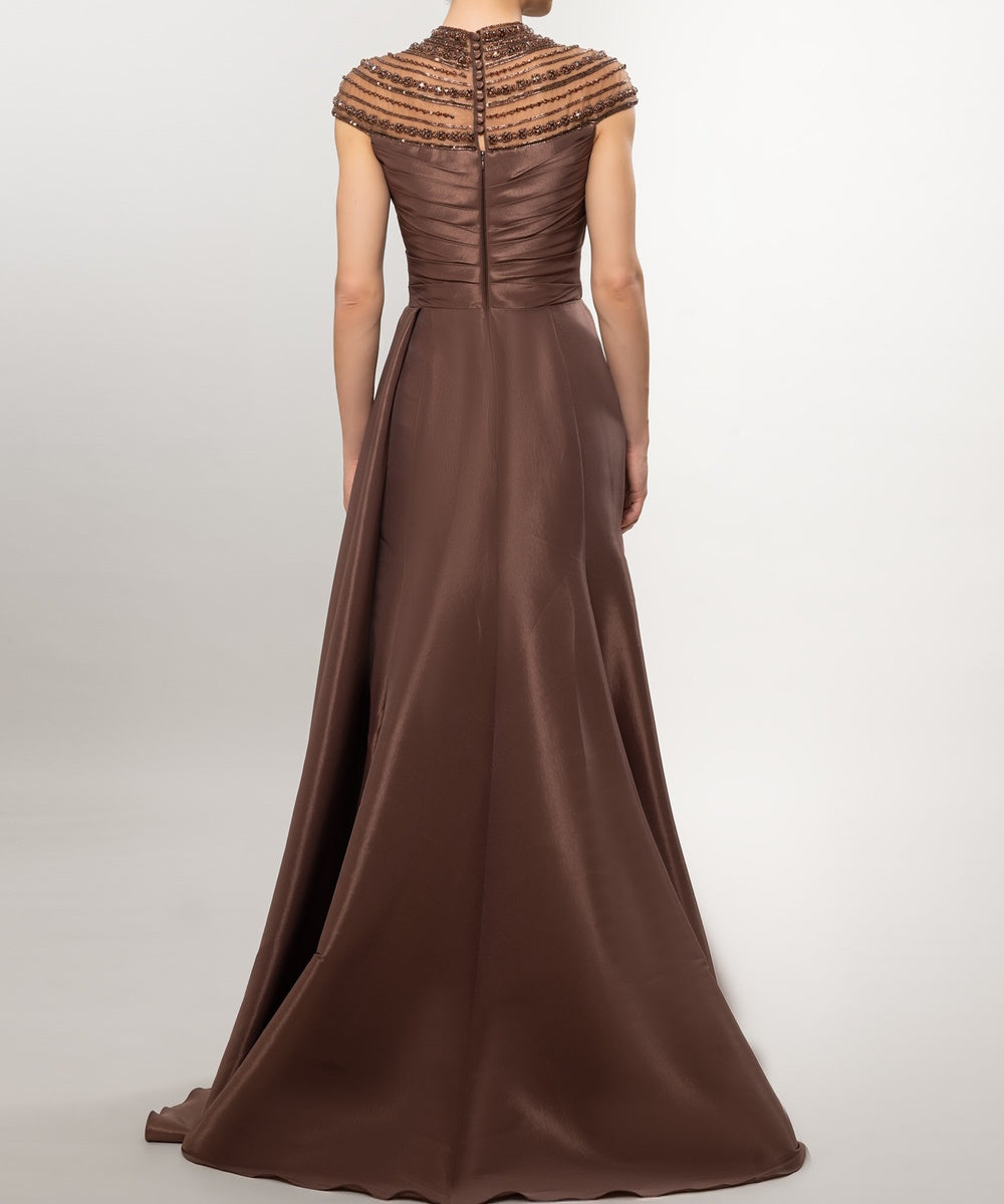 Beaded High Neck Illusion Satin Draped High‑Slit Evening Gown