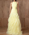 Pale Yellow Halter Neck Ruffled Tulle Evening Gown