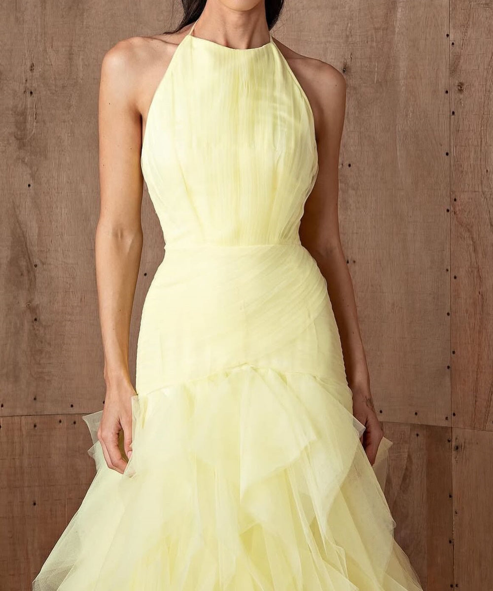 Pale Yellow Halter Neck Ruffled Tulle Evening Gown