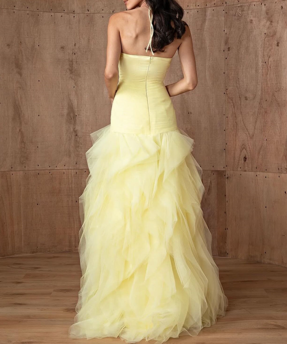 Pale Yellow Halter Neck Ruffled Tulle Evening Gown