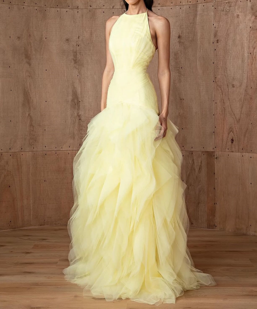 Pale Yellow Halter Neck Ruffled Tulle Evening Gown