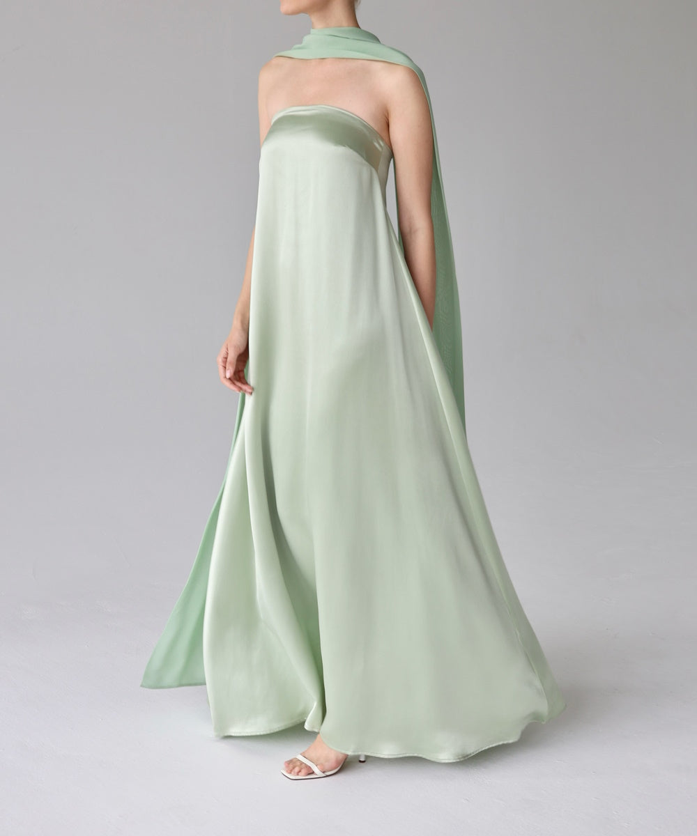 Sage Green Strapless Satin Maxi Gown With Flowing Cape Scarf