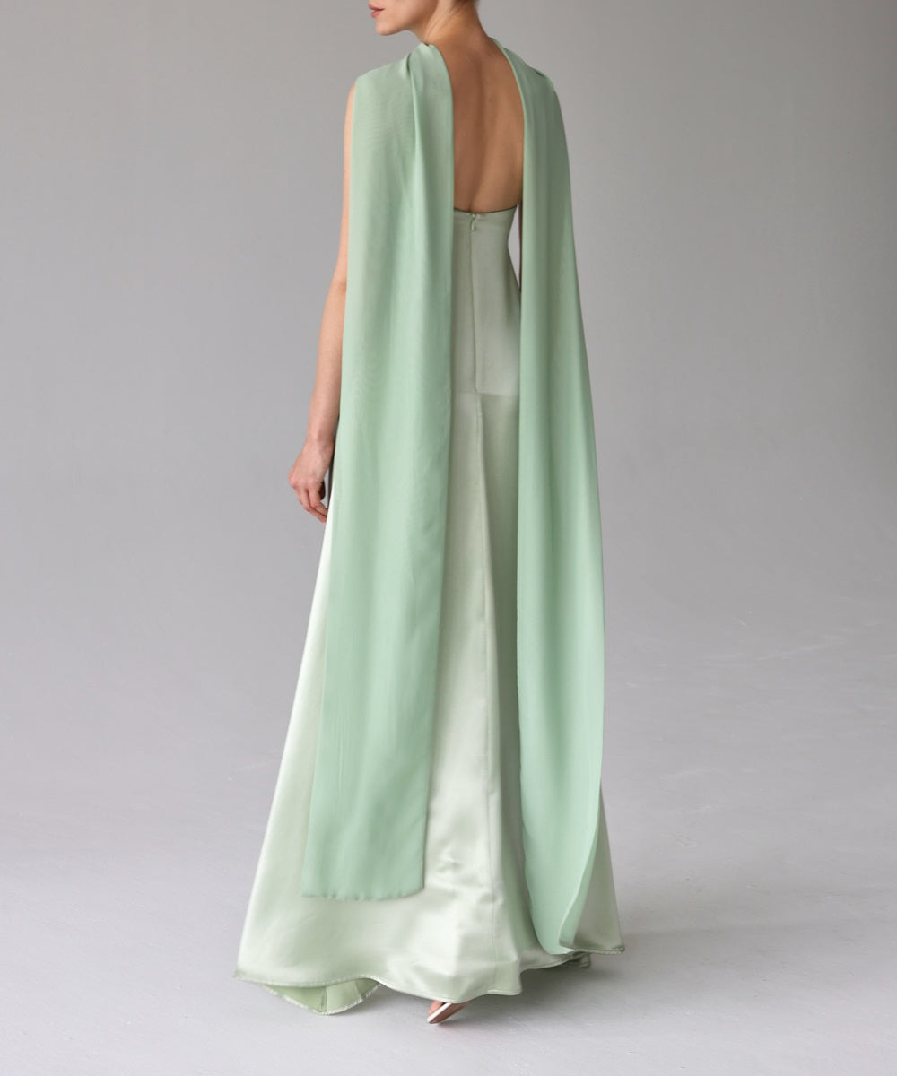 Sage Green Strapless Satin Maxi Gown With Flowing Cape Scarf