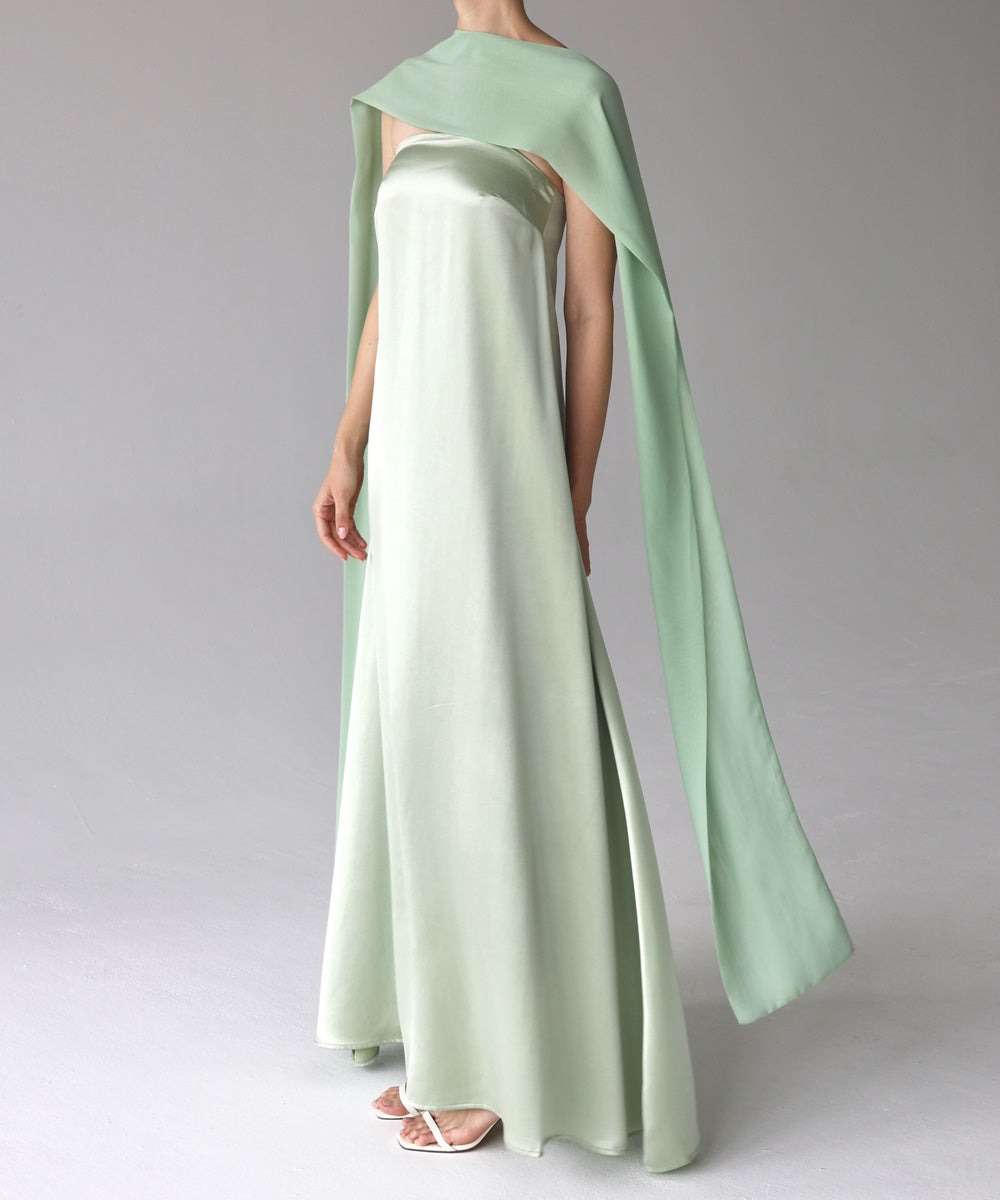Sage Green Strapless Satin Maxi Gown With Flowing Cape Scarf