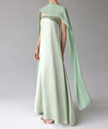 Sage Green Strapless Satin Maxi Gown With Flowing Cape Scarf