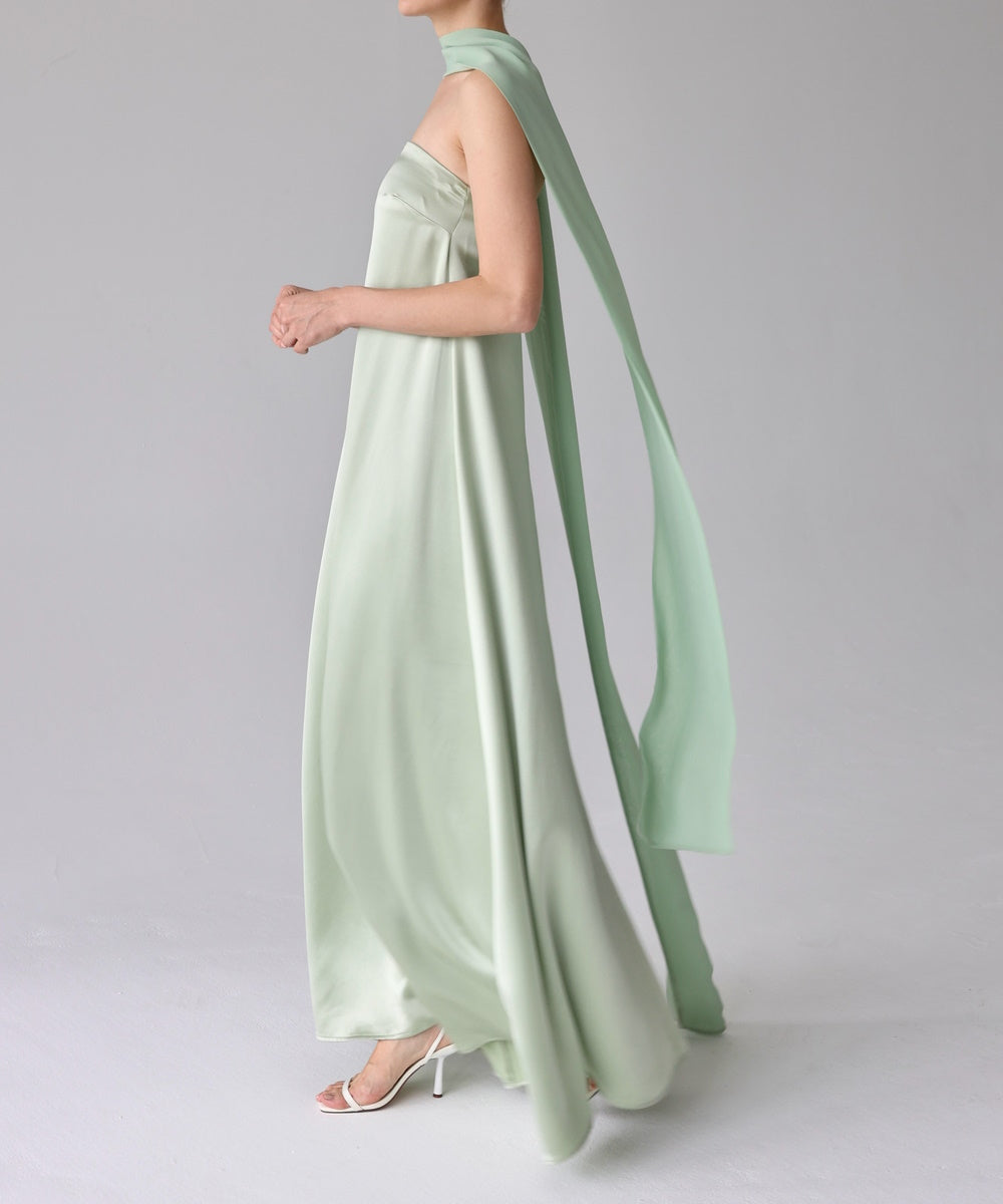 Sage Green Strapless Satin Maxi Gown With Flowing Cape Scarf