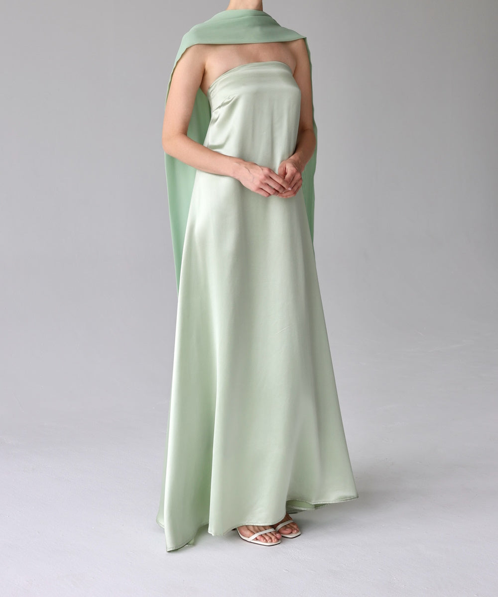 Sage Green Strapless Satin Maxi Gown With Flowing Cape Scarf
