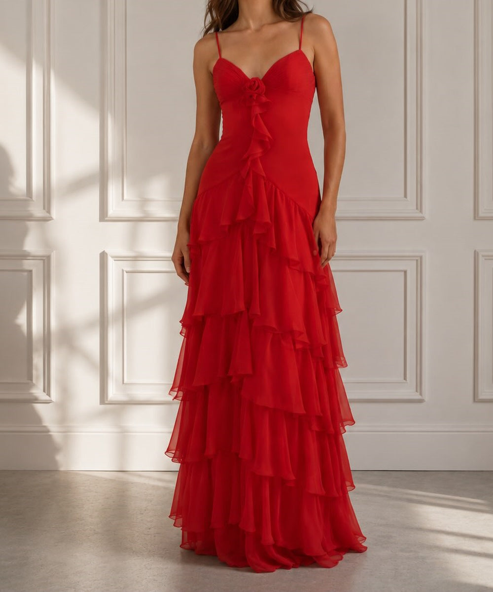 Red Spaghetti Strap 3D Rose Tiered Ruffle Chiffon Maxi Dress