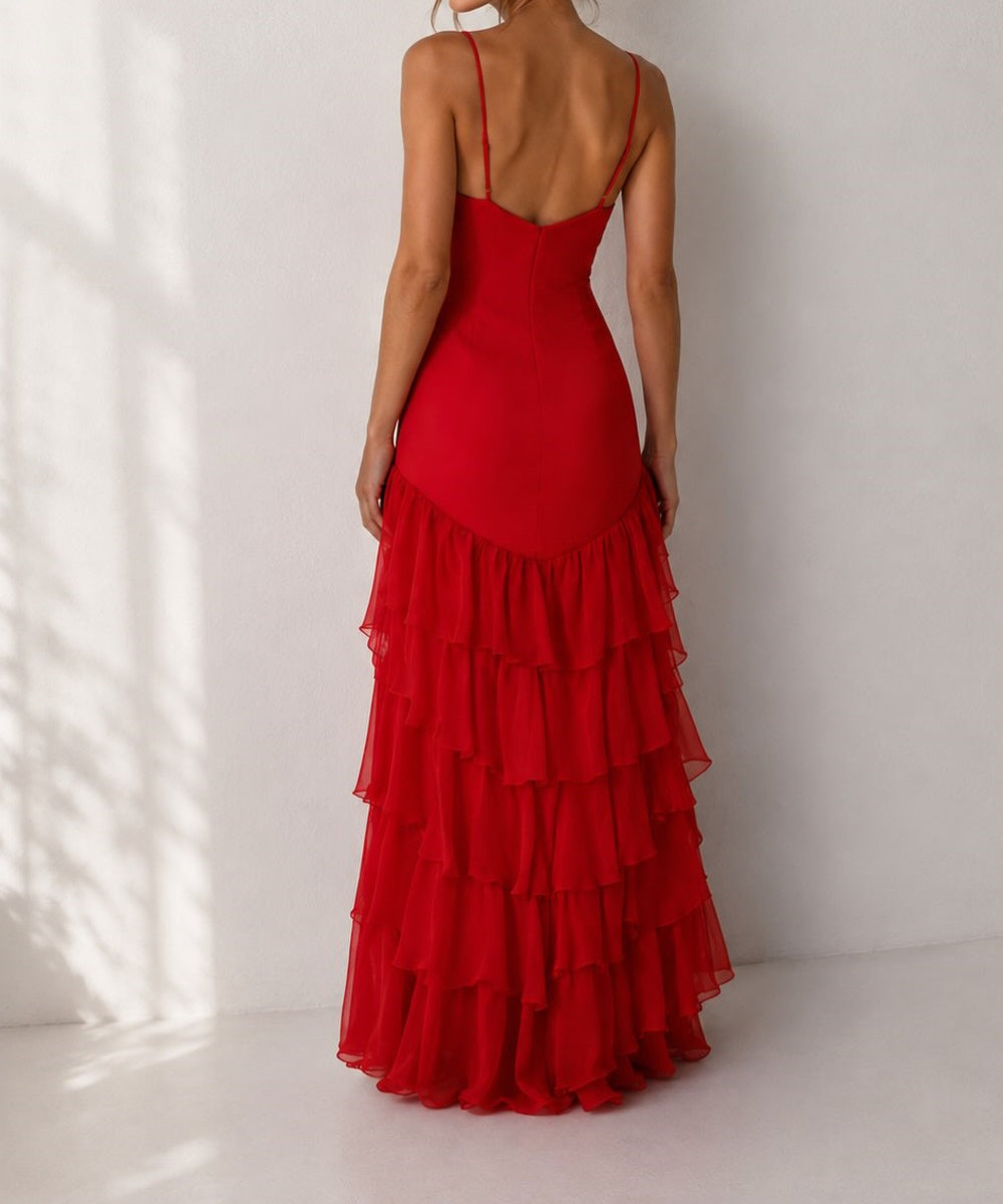 Red Spaghetti Strap 3D Rose Tiered Ruffle Chiffon Maxi Dress