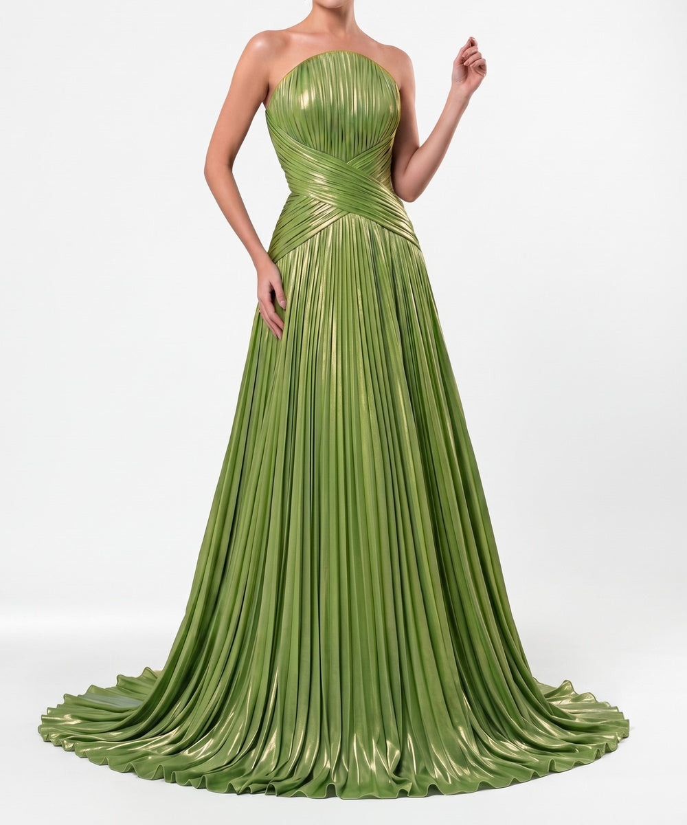 Strapless Metallic Green Pleated A‑Line Evening Gown With Train