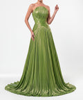 Strapless Metallic Green Pleated A‑Line Evening Gown With Train