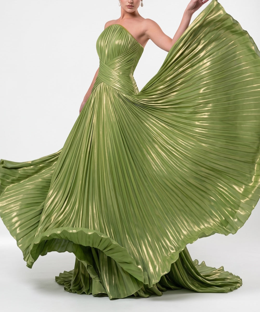 Strapless Metallic Green Pleated A‑Line Evening Gown With Train
